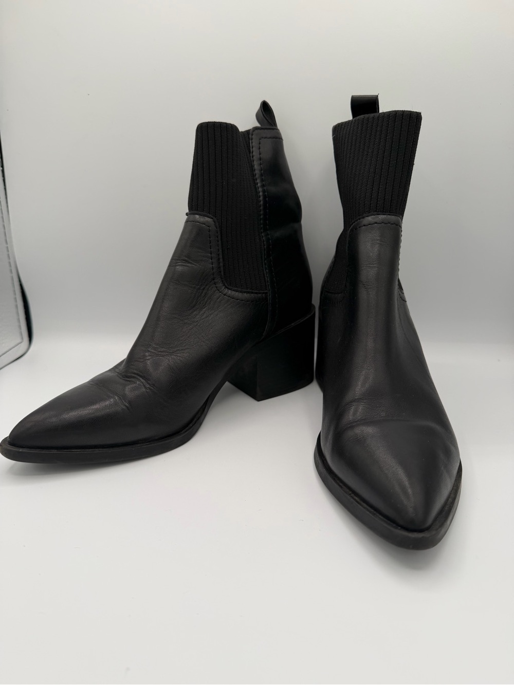 Steve Madden Black Pointed Sock Booties with Block Heel